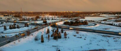 Truck on a snowy highway, aerial view