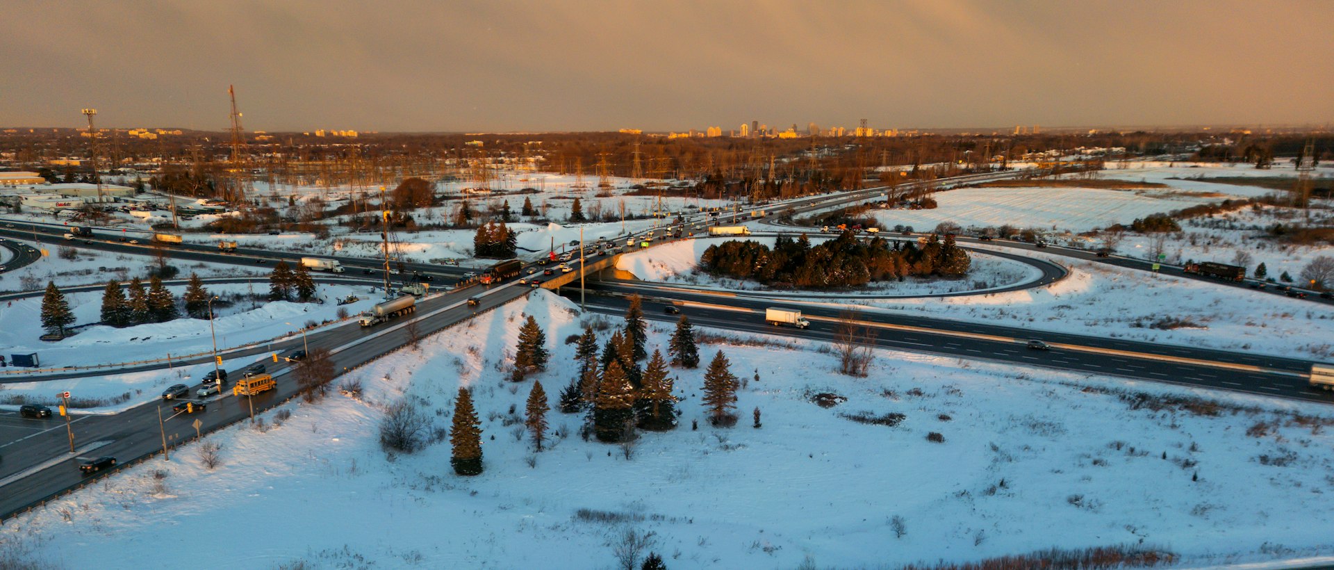 Truck on a snowy highway, aerial view